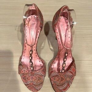 BCBG lWoman’s open toe paisley and beaded high heels Size 8.5